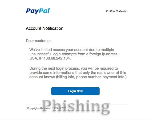 Screenshot of scam email claiming that your PayPal account has been limited.