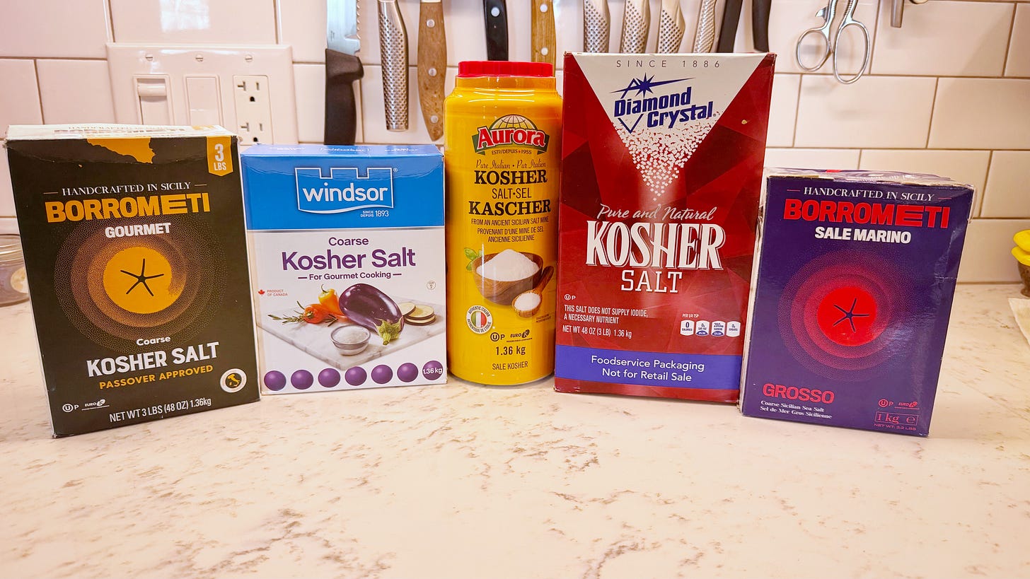 A selection of different kosher or coarse salts being considered to replace Diamond Crystal A selection of different kosher or coarse salts being considered to replace Diamond Crystal
