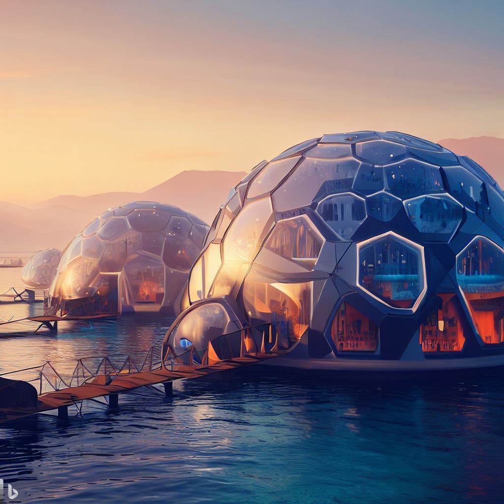 geodesic dome along the waterfront, underwater pods, Caifornia, 2050, solarpunk