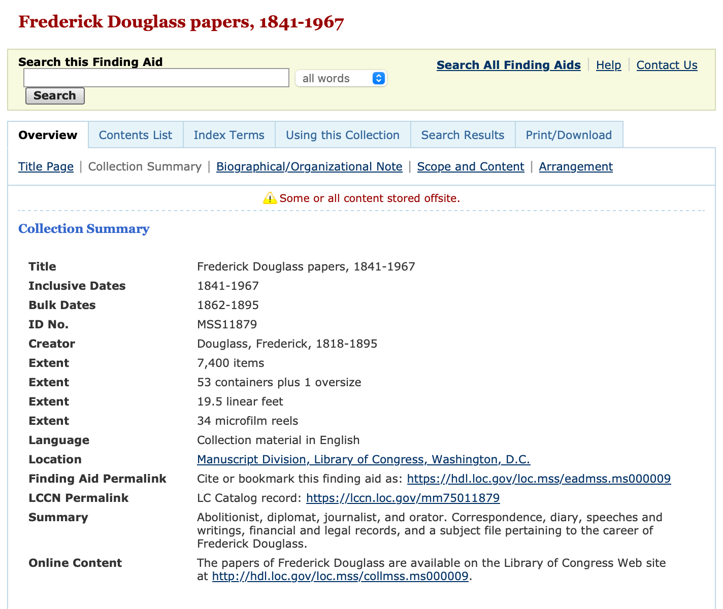 An image of the Frederick Douglass Papers' finding aid overview page. 