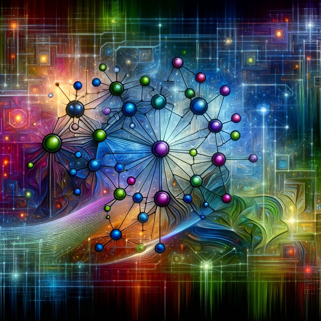 An artistic representation of the concept of Mixtures of Experts (MoE) in machine learning. The image shows a network of interconnected nodes and pathways, symbolizing the neural network architecture. Each node, representing an 'expert', is distinct and colorful, illustrating the diversity in their functions. The background is a blend of abstract digital and biological motifs, symbolizing the fusion of technology and intelligent design. The image has a futuristic and high-tech feel, with a color palette that is vibrant yet harmonious, combining shades of blue, green, and purple. This artwork visually captures the essence of advanced machine learning concepts like sparse MoE, Transformer models, and neural network specialization.