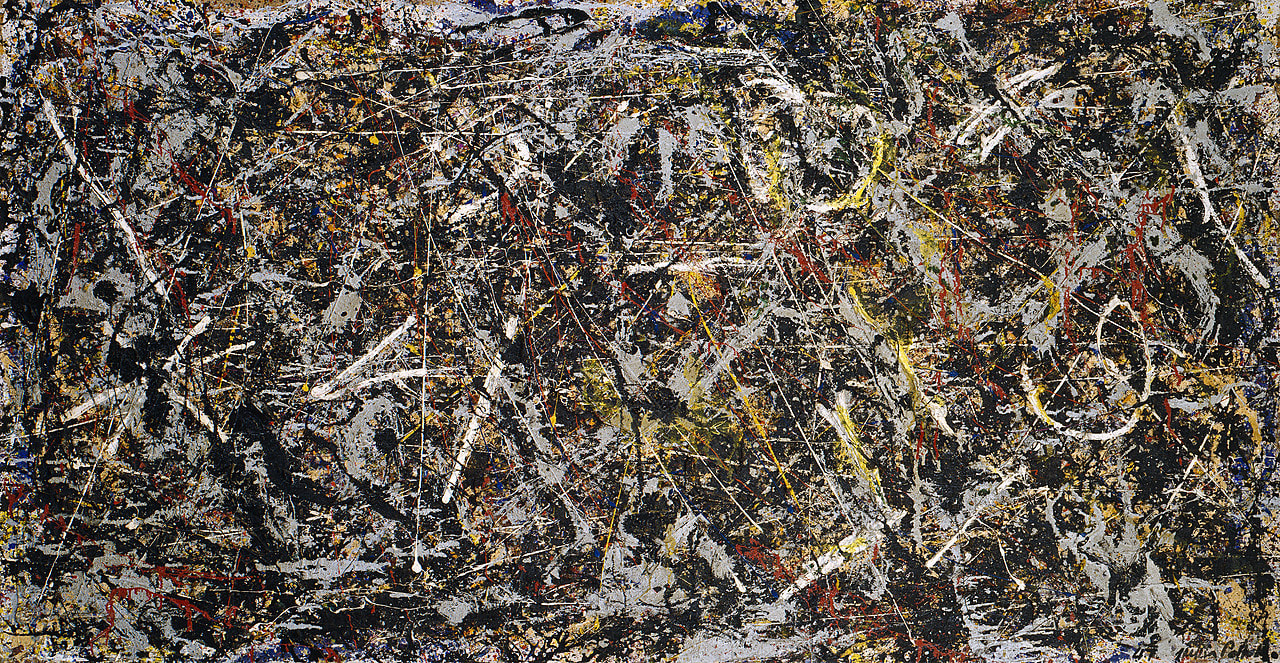 Jackson Pollock, Alchemy, 1947. Oil, aluminum, alkyd enamel paint with sand, pebbles, fibers, and wood on commercially printed fabric, 45 1/8 x 87 1/8 inches (114.6 x 221.3 cm)
