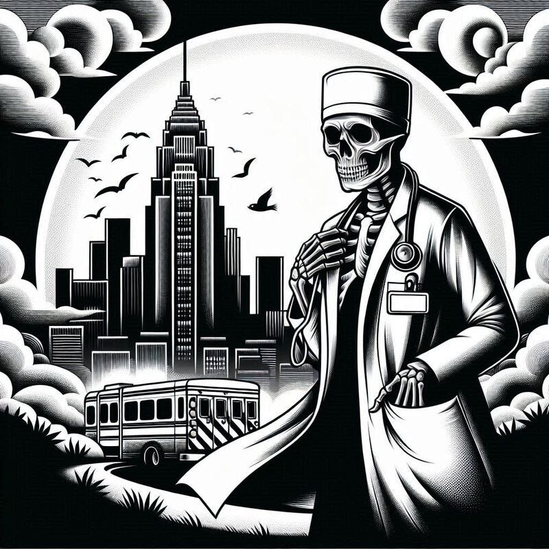 Drawing of a skeleton surgeon wearing a white coat leaving a hospital at night with a full moon and clouds in black and white art deco style