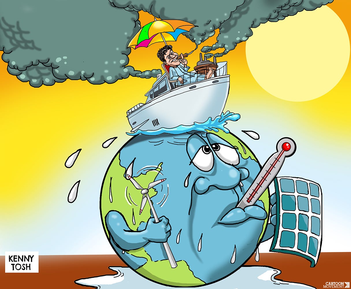 Cartoon showing a sweating death trying to cool itself down with a wind turbine and a solar panel, while a rich man sitting in a giant yacht on top of the planet is happily pumping out emissions.