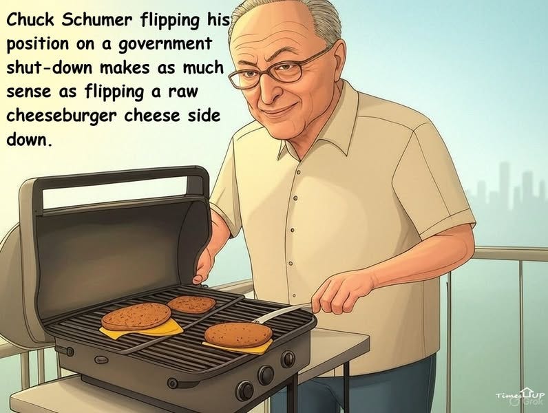 May be an image of ‎1 person, burger and ‎text that says '‎his Chuck Schumer flipping position on a government shut- hut-down down makes as much sense as flipping a raw cheeseburger cheese side down. علم TimenTup TUP ime Grok‎'‎‎