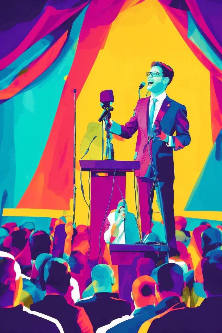 colorful cartoon image of a motivation leader speaking in front of a stage