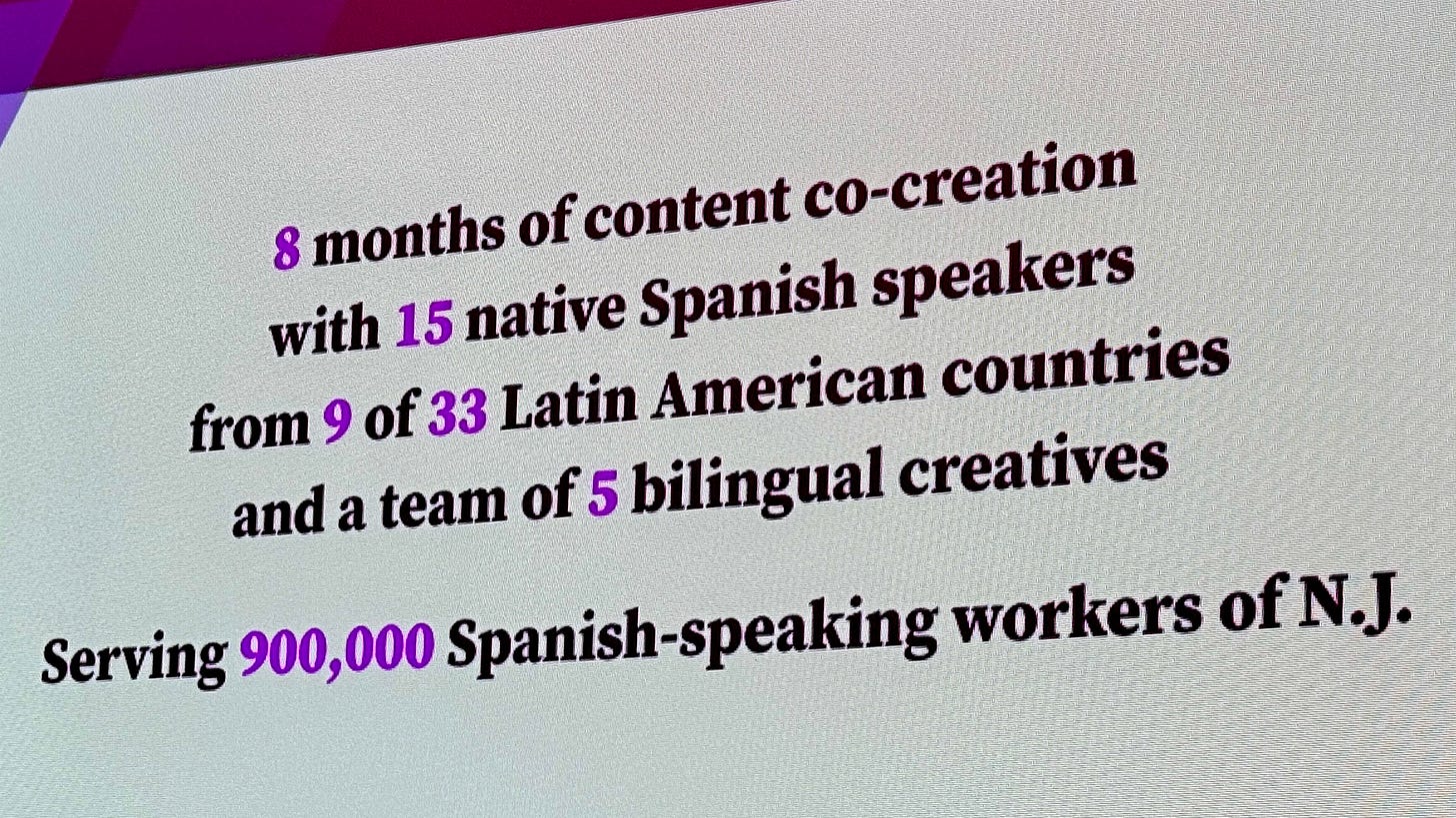 PowerPoint slide from a Code for America Summit presentation that summarizes the work that went into the project. The statistics included: 8 months of content co-creation with 15 native Spanish speakers from 9 of 33 Latin American countries and a team of 5 bilingual creatives, all serving 900,000 Spanish-speaking workers of New Jersey