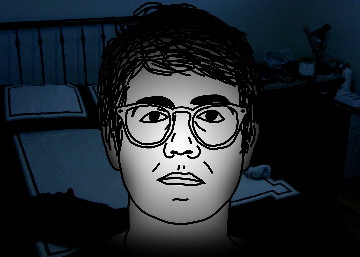 A black line drawing of Alex, the protagonist of "I Hear You Watching." He is white, short messy parted hair, glasses. He stares straight at you, unsmiling. His face is shaded as if he’s staring into a computer screen. Behind him is a photo of a bed and desk bathed in dim, blue light.