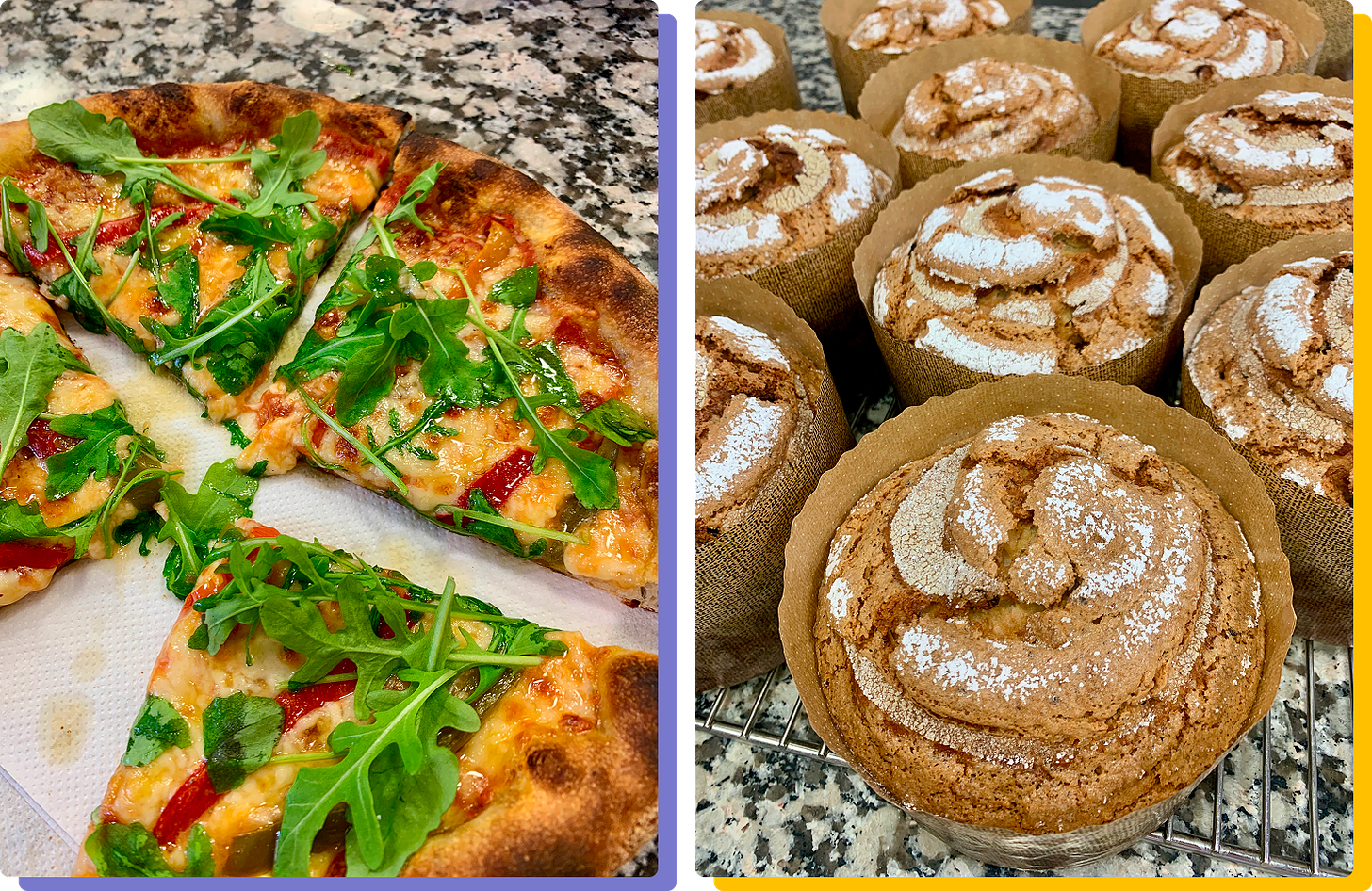 Photos of pizza and panettone