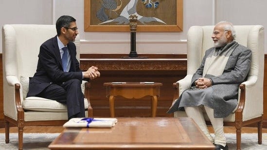 A file photo of Google CEO Sundar Pichai merting Prime Minister Narendra Modi at his residence last year,(@sundarpichai)