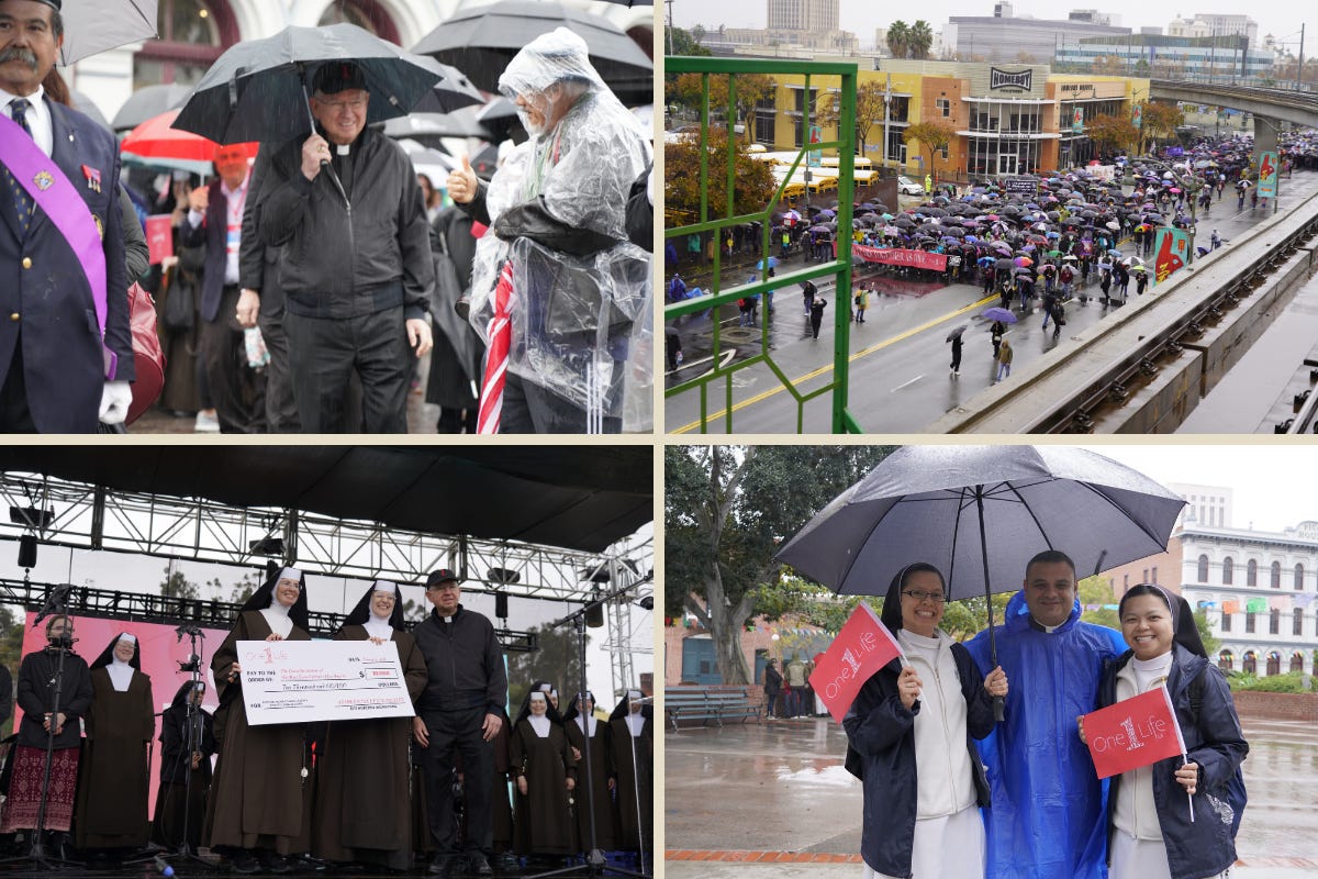 In Southern California, marchers were undeterred by the rain as they attended One Life LA on Jan. 20, 2024. 