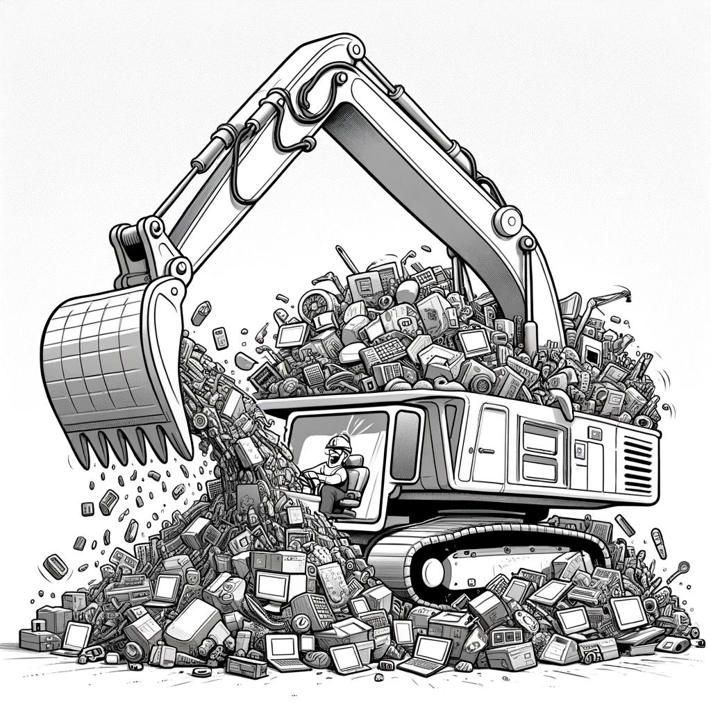 A line art cartoon depicting the same cybersecurity professional from before, now humorously using a large piece of construction machinery to dig themselves out from the overwhelming pile of cybersecurity products. The image should emphasize the absurdity of the situation, showing the professional in the driver's seat of an exaggeratedly large excavator or similar construction vehicle, with a big smile on their face. The machinery is scooping up gadgets, boxes, and screens, illustrating the professional's creative solution to manage the deluge of products. The style should remain light, funny, and engaging, capturing the playful spirit of overcoming challenges in a cybersecurity context.
