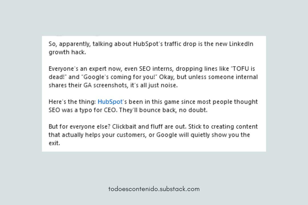Opinión en LinkedIn acerca de la caída de tráfico del blog de Hubspot en enero de 2024.