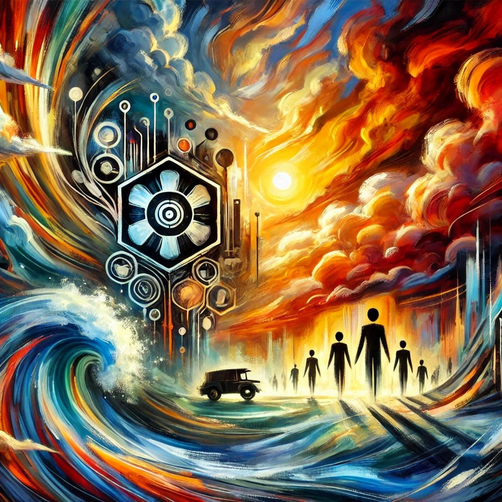 An abstract painting with bold, swirling brushstrokes and vibrant, contrasting colors. In the center, there is a symbolic representation of a machine, depicting artificial intelligence and automation, surrounded by dynamic figures in motion, representing human decision-making. The dramatic sky in the background suggests an intense, emotional atmosphere, while the overall scene conveys hope and progress.