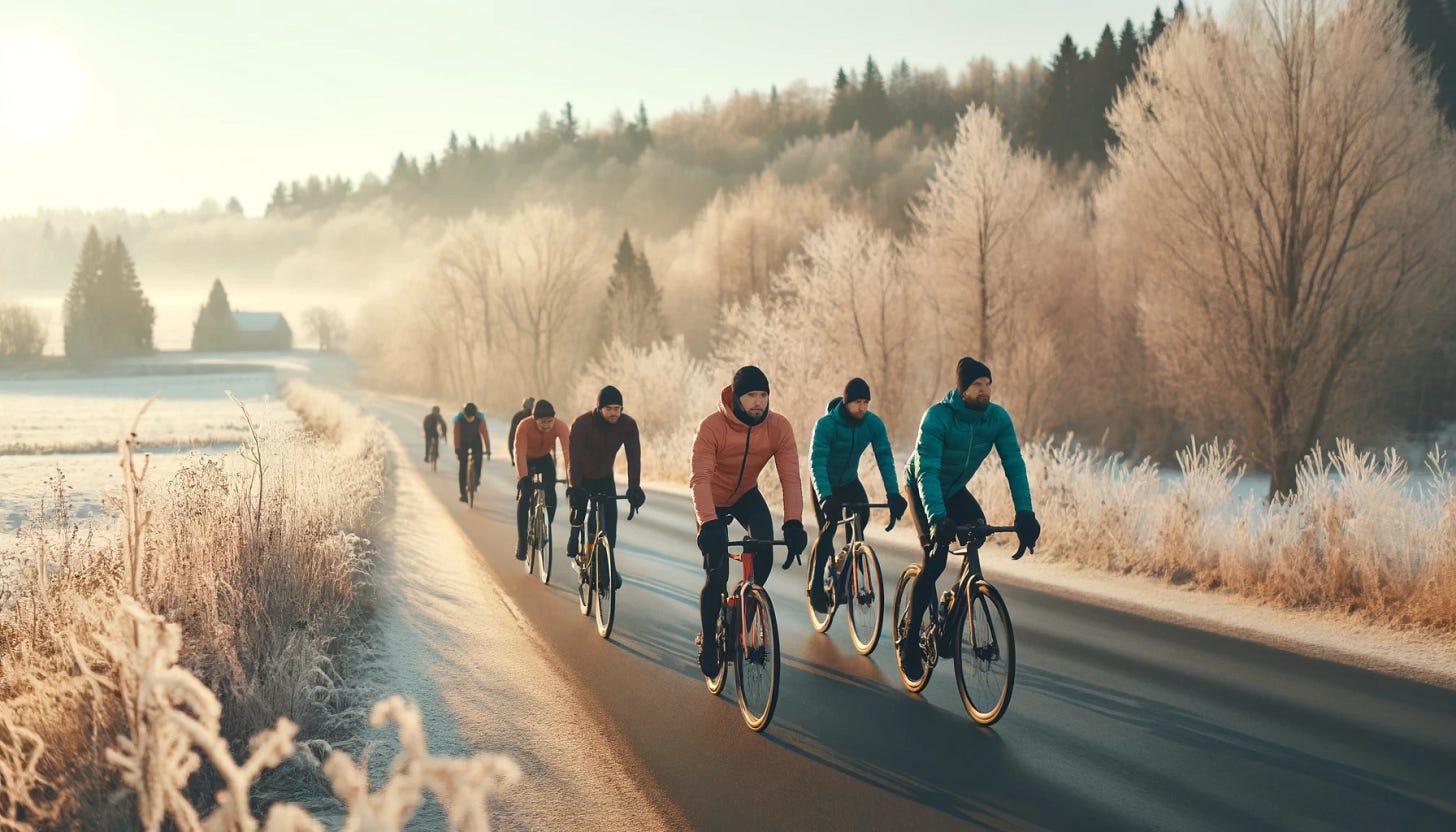 A group of cyclists riding on a cool winter morning. The cyclists are wearing warm, brightly colored clothing and helmets. The landscape is frosty with patches of snow on the ground and trees bare of leaves. Their breath is visible in the cold air. The sky is clear with a hint of morning light, creating a serene and crisp atmosphere. The road they are on is slightly winding and surrounded by winter scenery.