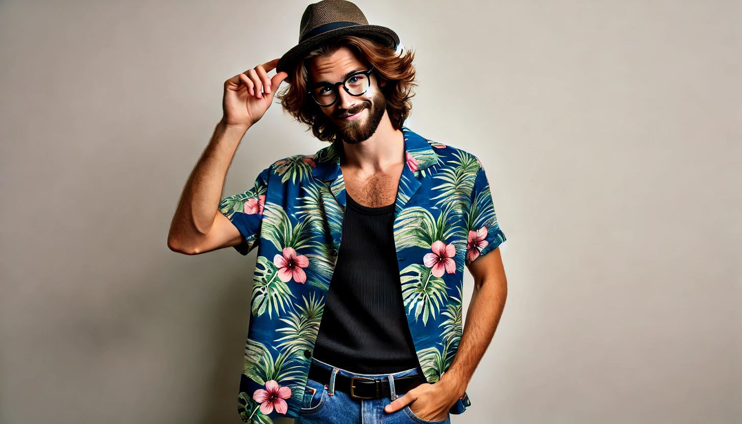 A 30-year-old white man with medium-length wavy brown hair and a beard, wearing a Hawaiian shirt over a black tank top and blue jeans. He has thin-framed rectangular glasses and is tipping his fedora while smiling at the viewer. The background is simple and non-distracting. Wide aspect ratio.