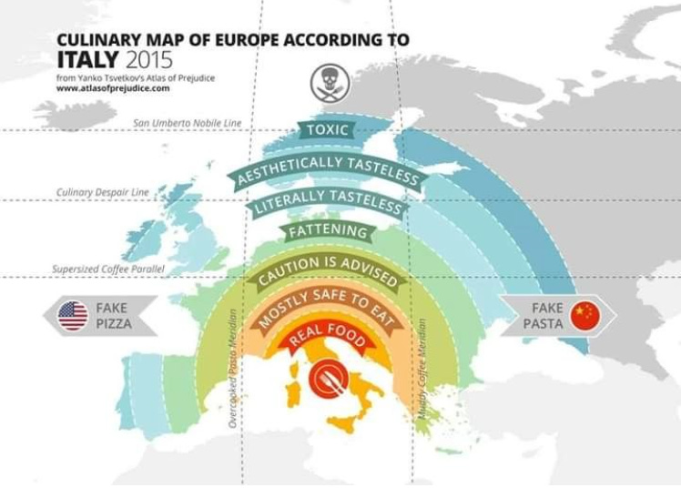 The Culinary Map of Europe According To Italy seems to indicate Italians have a distaste for other nations’ foods. Shocker. (from www.atlasofprejudice.com)