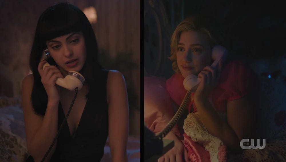 A split screen of Veronica and Betty talking to each other on the phone.