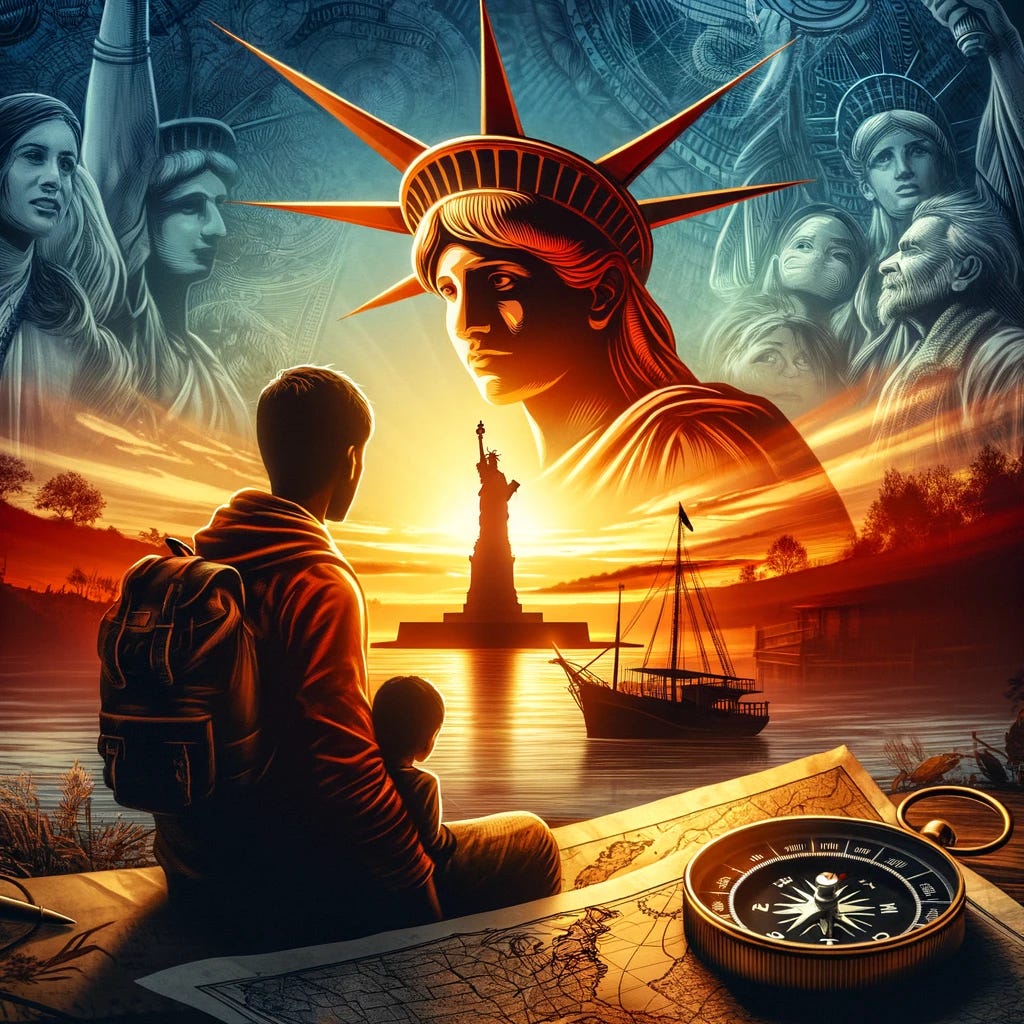 A symbolic representation of the pursuit of the American dream by Indian youth, focusing on hope and new beginnings. The image includes a compass, a map, and the silhouette of a family looking towards a distant horizon. The sunrise blends with the iconic outline of the Statue of Liberty, symbolizing aspiration and the journey towards a brighter future. The scene is imbued with a sense of optimism, avoiding any depiction of illegal activities or distress.