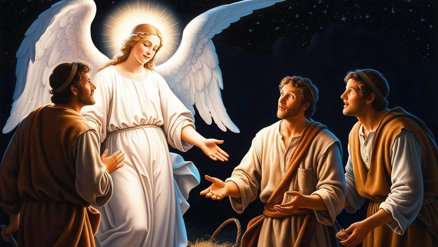 Angel Gabriel with a glowing halo is talking to the shepherds telling them jesus has been born.  They are listening to the angel intently.