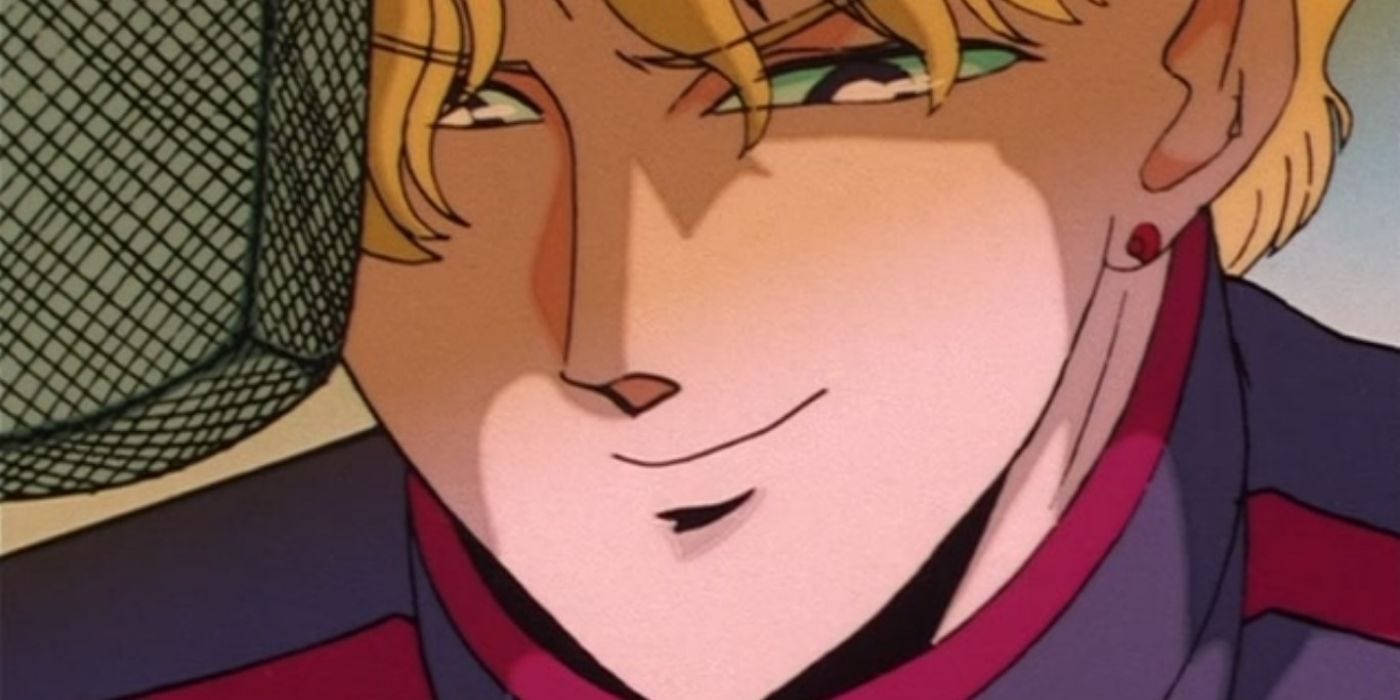 Jadeite sonriendo y leyendo una carta de amor por la radio en Sailor Moon.