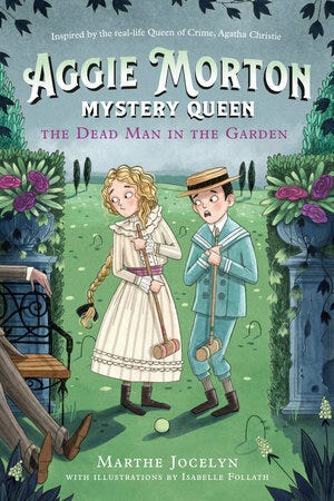 the dead man in the garden by jocelyn cover, a boy and girl playing croquet see a dead man laying on a bench off to the side
