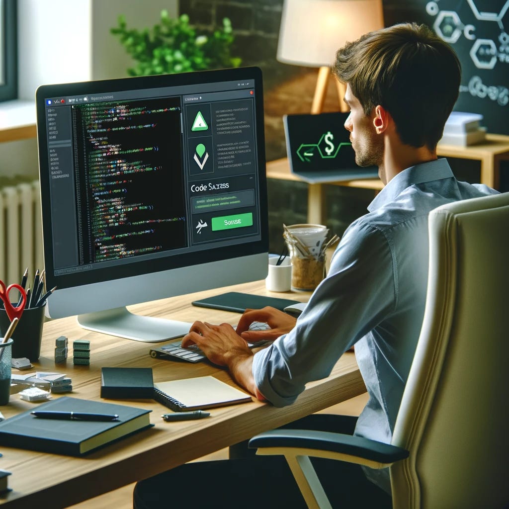An image of a focused software engineer at his desk, pushing code. The computer screen shows a build pipeline with a green success indicator, reflecting a successful code integration. The environment is a typical tech workspace, featuring a comfortable chair, an organized desk, and various coding paraphernalia, all without any text labels or specific coding terms.