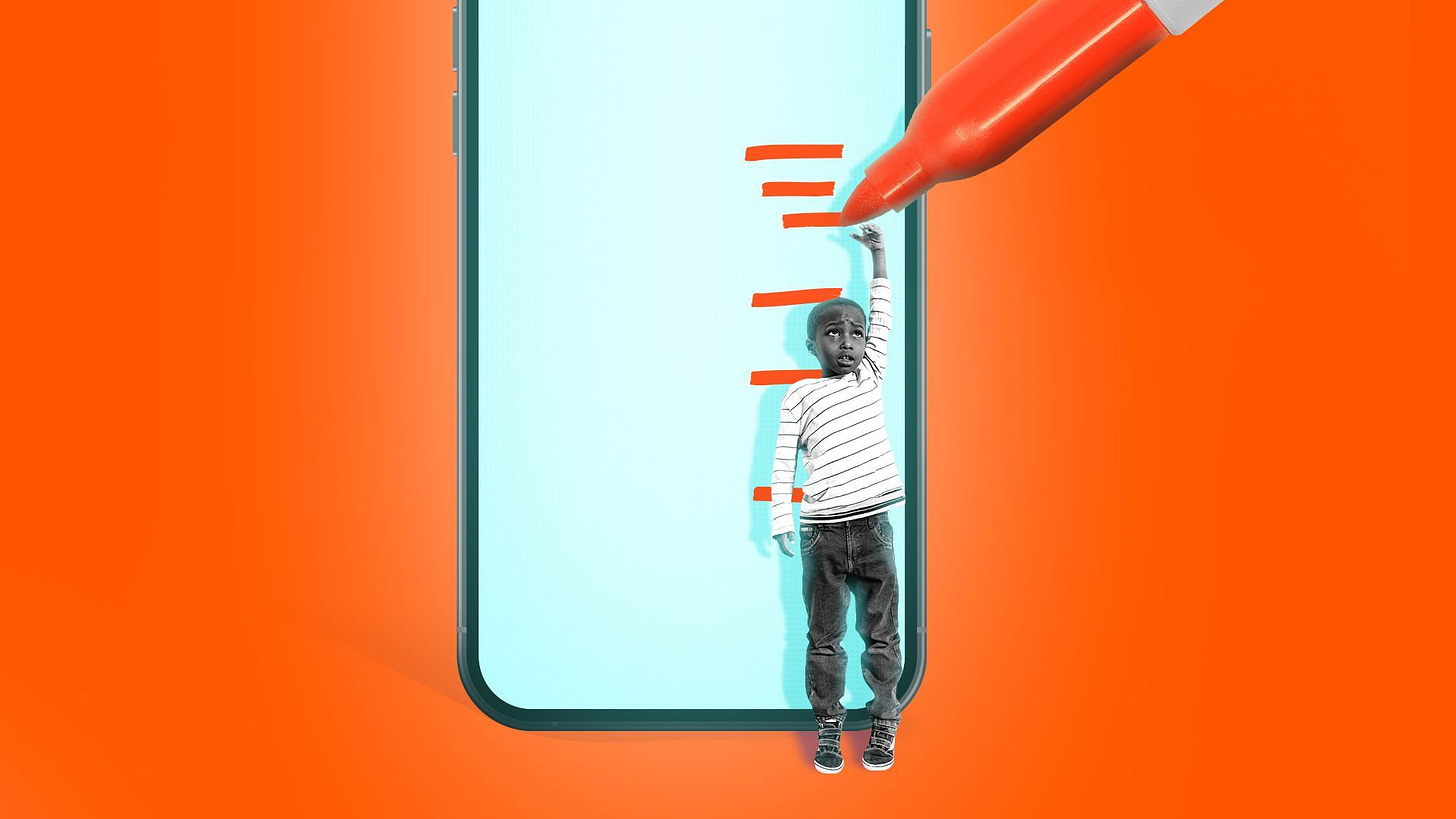 Illustration of a kid measuring himself against a giant cellphone with a marker marking off his height on the screen. 