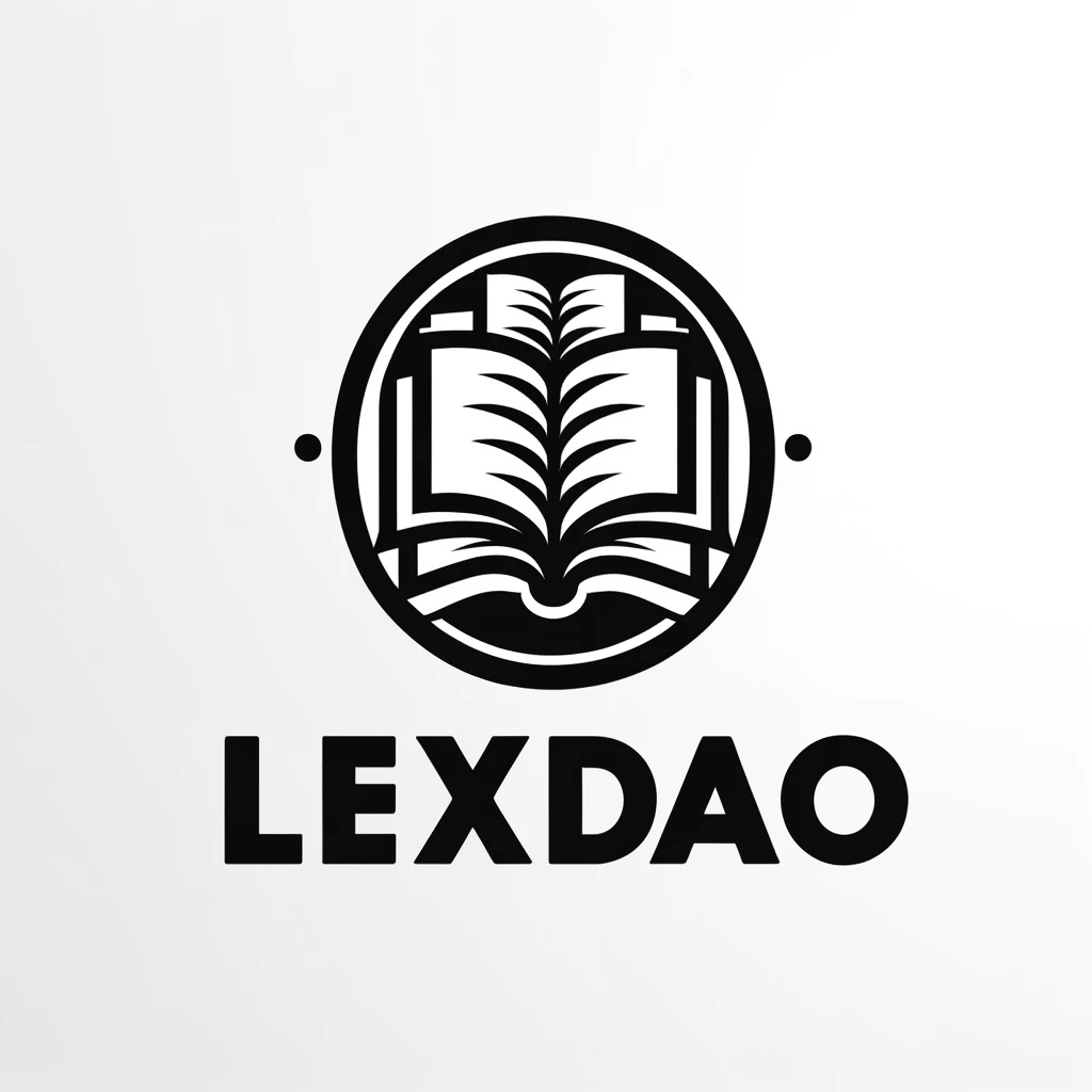 A professional logo design for 'LexDAO'. The logo should feature the word 'LexDAO' in a clean, minimalistic black and white style. Replace the central floating book with a more prominent, distinctively stylized book to enhance the scholarly feel. Keep the other floating books around the text. The background should be a flat white color.