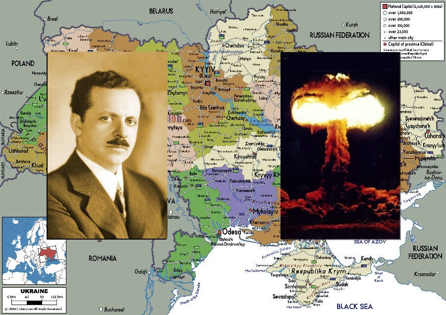 Map of Ukraine with Edward Bernays and a Mushroom Cloud
