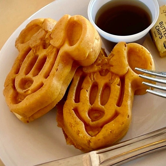 Minnie-shaped waffles, at Disneyland’s Plaza Inn.