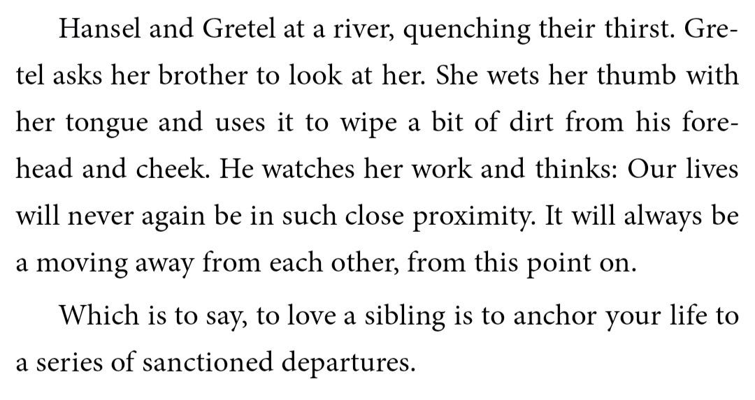 Hansel and Gretel at a river, quenching their thirst. Gretel asks her brother to look at her. She wets her thumb with her tongue and uses it to wipe a bit of dirt from his forehead and cheek. He watches her work and thinks: It will always be a moving away from each other, from this point on. / Which is to say, to love a sibling is to anchor your life to a series of sanctioned departues.