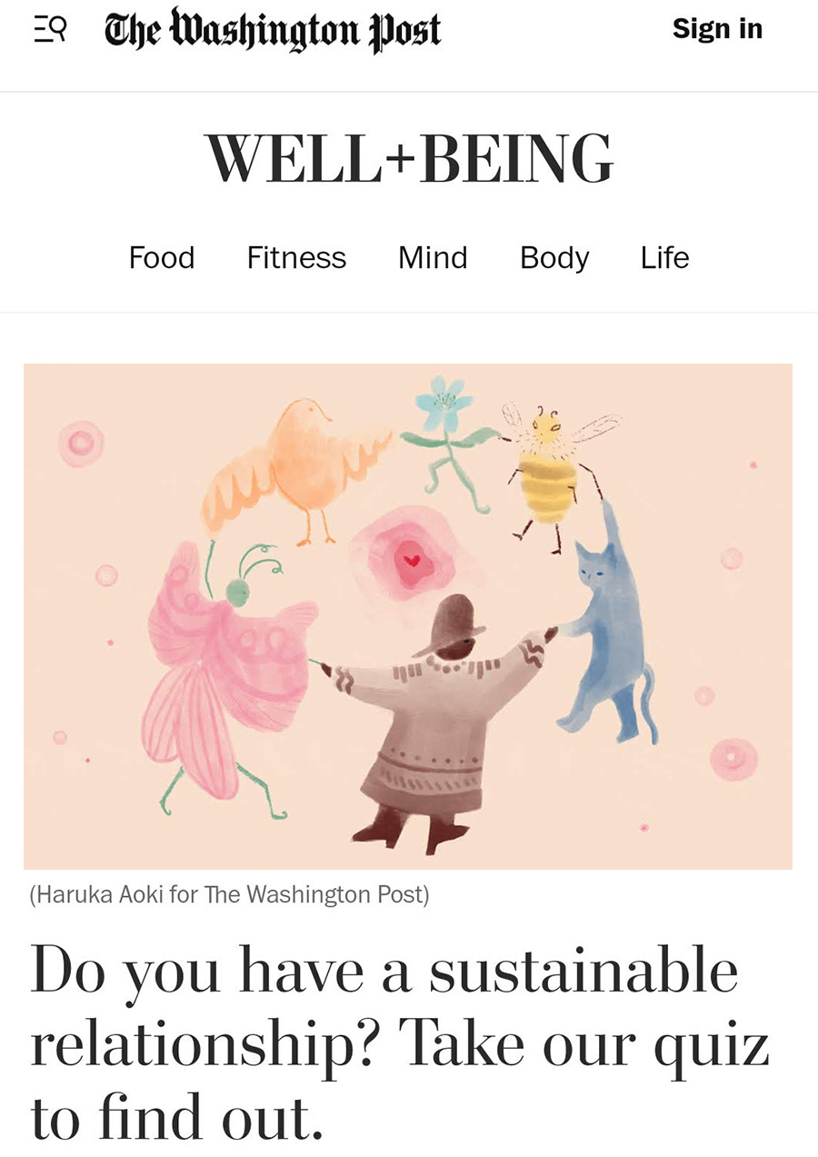A screenshot of a Washington Post article in the Well + Being section. The title image has six soft colored whimsical creatures holding hands and dancing around a little red heart.