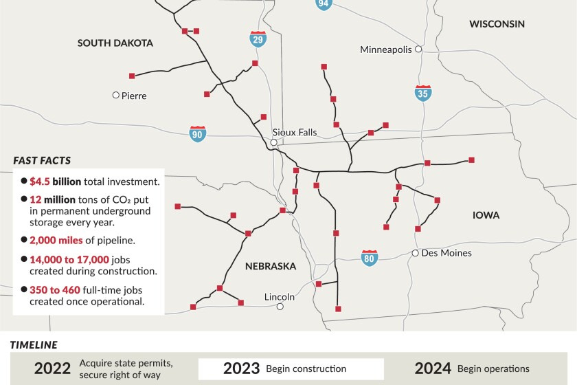 A map of the Summit Carbon Solutions pipeline project