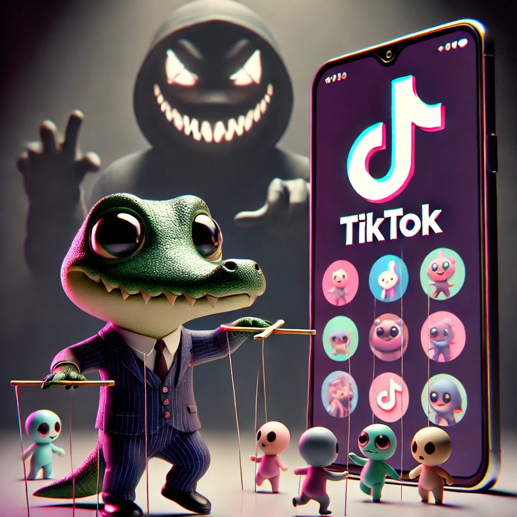 A small, determined anthropomorphic gator in a business suit stands in the foreground, pulling puppet strings attached to a smartphone screen. On the screen, tiny humanoid figures are dancing, oblivious to the control. The smartphone displays TikTok's colorful interface. In the background, a shadowy, ominous figure with CCP-style features looms, smirking as if overseeing the operation. The image has a sharp contrast between the inviting colors of the TikTok interface and the dark, foreboding atmosphere of manipulation behind the scenes. The gator has a defiant, knowing expression, symbolizing its fight against manipulation.