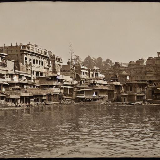 AI generated old photgraph of an Indian City on the shore of the Ganges River