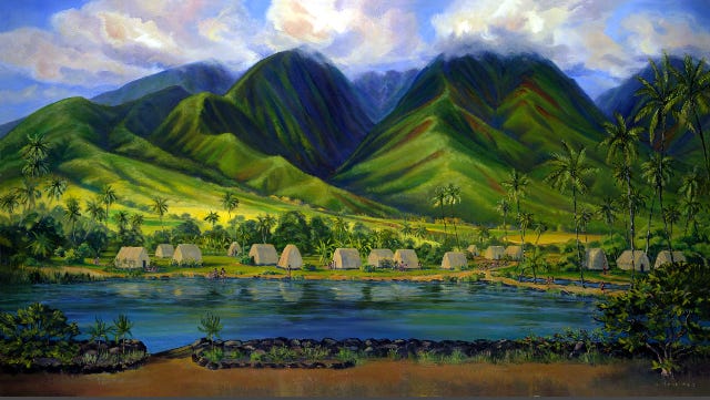 Painting of Lahaina in royal times, with green mountains in background and in the foreground a deep blue pool with thatched houses on its banks