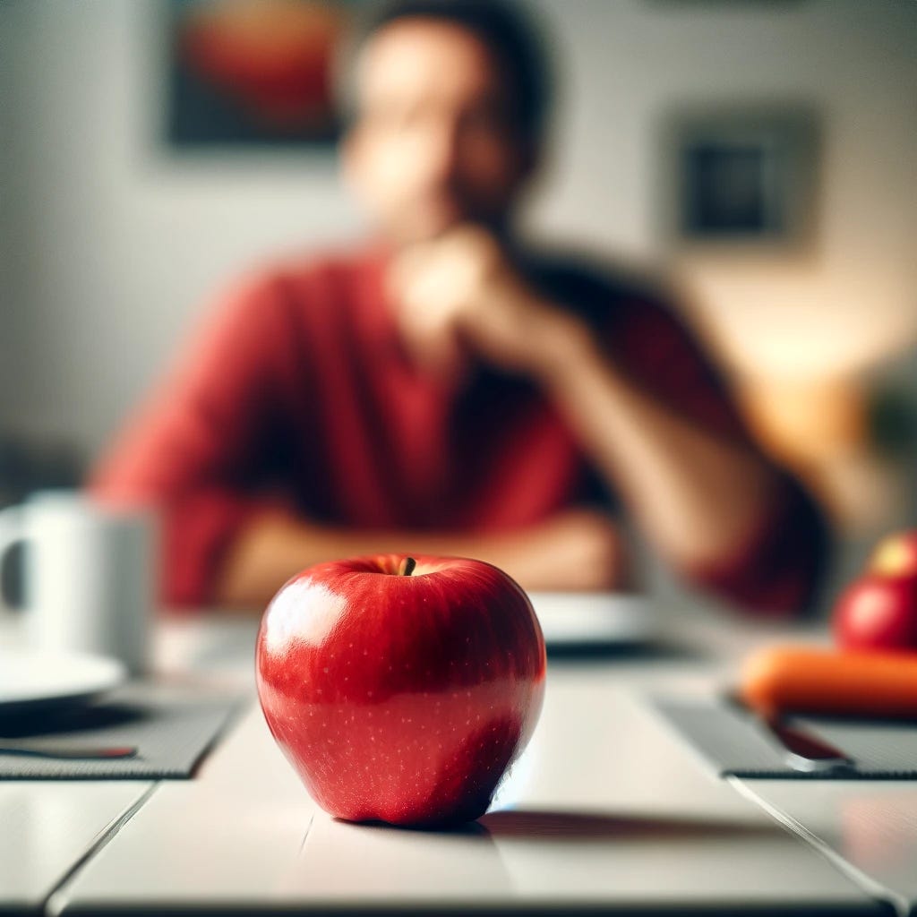 A scene viewed from the perspective of a person sitting at a table, with a smaller vibrant and crisp looking red apple placed on the table. The apple should appear smaller in the frame, showcasing its glossy texture and bright red color on a simple, elegant white surface. The focus remains on the apple's freshness, but it should be a smaller part of the overall composition, which includes a blurred dining room environment to enhance the casual, everyday setting.