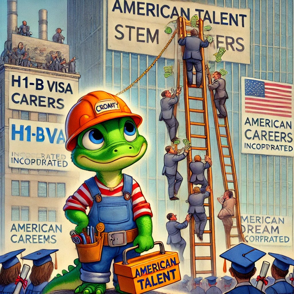 A small, cute, anthropomorphic gator named Croaky, designed in a Pixar-style animation, wearing a patriotic worker's outfit with a hard hat and holding a toolbox labeled 'American Talent.' Croaky stands at the base of a towering ladder labeled 'STEM Careers.' At the top of the ladder, corporate executives in suits are pulling it up with ropes, holding stacks of 'H1-B Visa' papers and bags of money. In the background, disheartened American graduates in caps and gowns clutch their diplomas near a tech hub or factory with a sign reading 'American Dream Incorporated.' The image is colorful, emotional, and highly detailed, emphasizing Croaky's determined and frustrated expression.