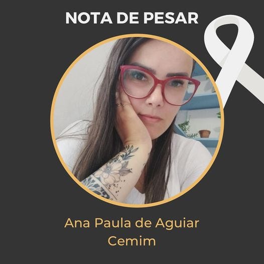 May be an image of 1 person, eyeglasses and text that says 'NOTA DE PESAR ሠታ Ana Paula de Aguiar Cemim'