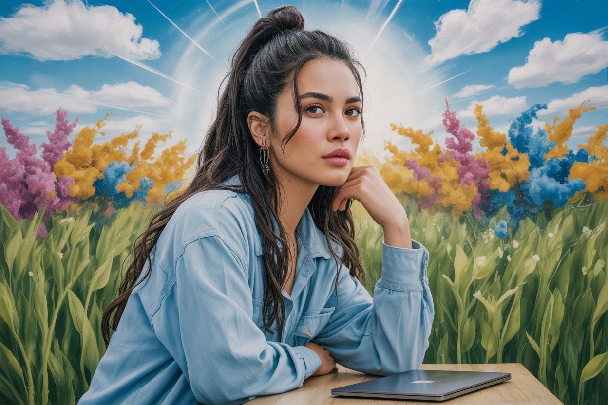 A woman with long dark hair in a ponytail sits at a table with a closed laptop, surrounded by tall green grass and vibrant, colorful flowers under a bright sky with sun rays and fluffy clouds, creating a dreamy, fantastical atmosphere. A woman with long dark hair in a ponytail sits at a table with a closed laptop, surrounded by tall green grass and vibrant, colorful flowers under a bright sky with sun rays and fluffy clouds, creating a dreamy, fantastical atmosphere.