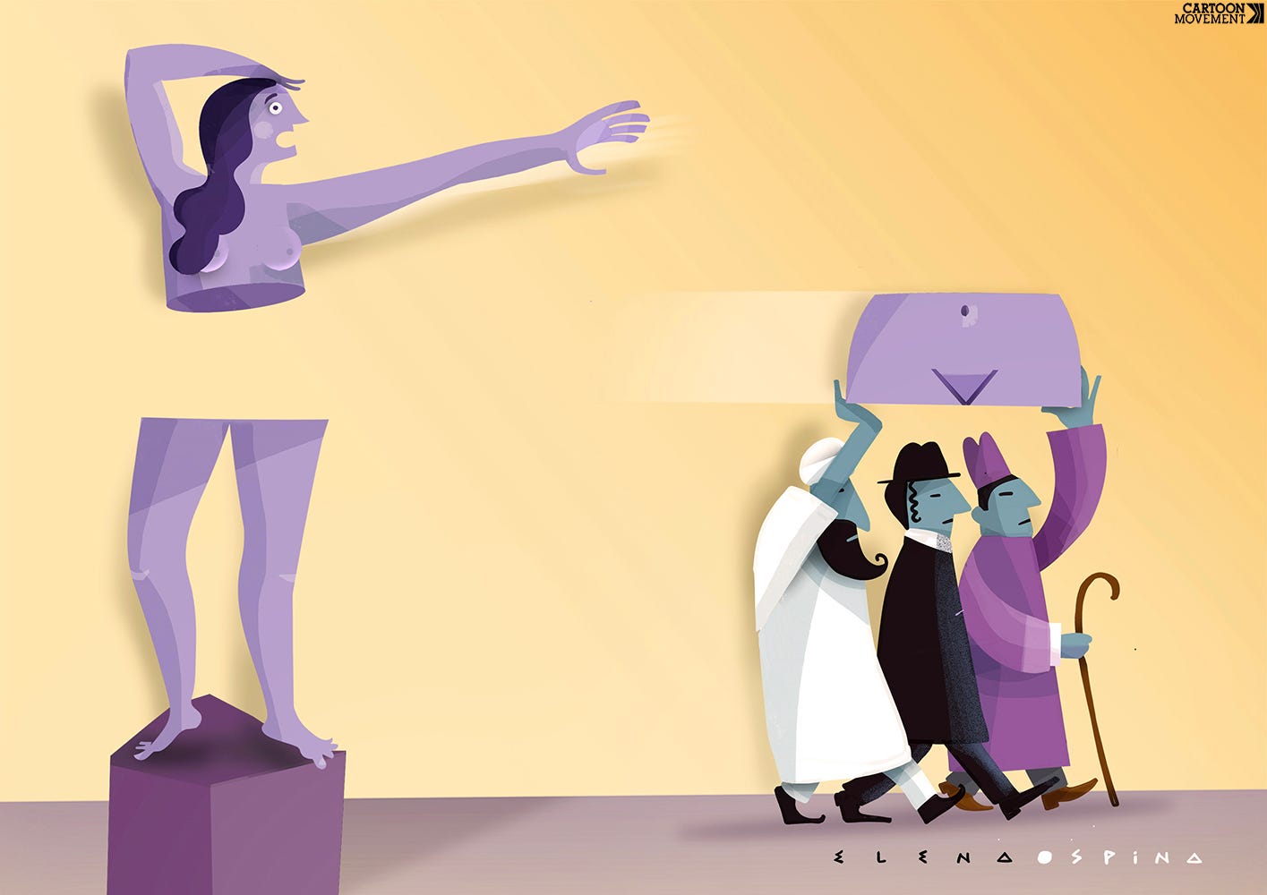 Cartoon showing the representatives of three major religions carrying off the middle part of a statue of a woman (the part containing the genitals), while the female statue exclaims in surprise.