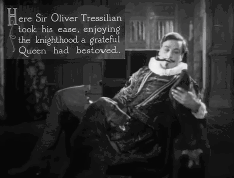 Sir Oliver Tressilian, in the costume of Elizabethan nobility, smokes a pipe and pets his hunting dogs with satisfaction - an animated gif from 1924 film The Seahawk - a card reads 'Here Sir Oliver Tressilian took his ease, enjoying the knighthood a grateful Queen had bestowed'