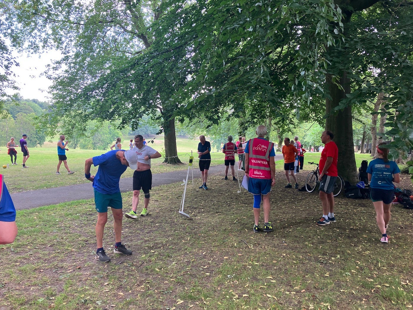 Chatting at the finish area under shade