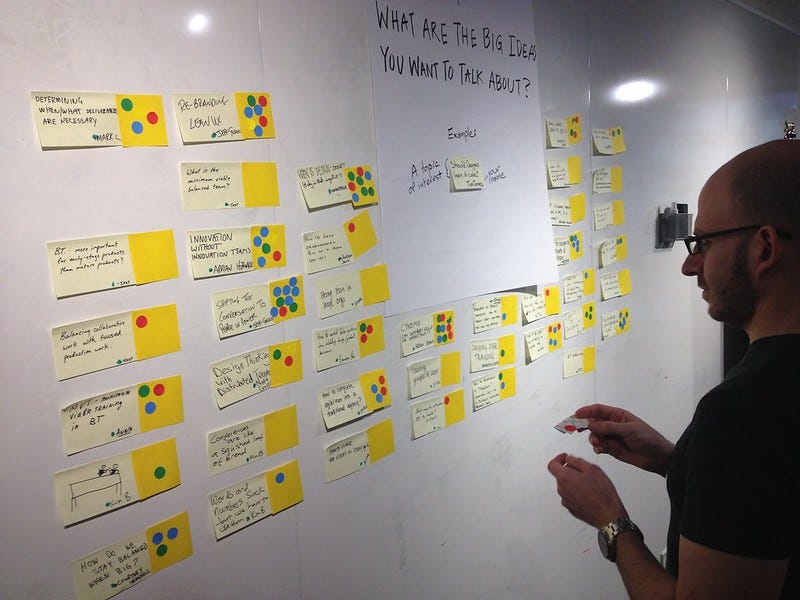 A photograph of a man standing before a wall covered in yellow Post-It notes, some with clusters of dot stickers to indicate votes next to scribbled ideas.