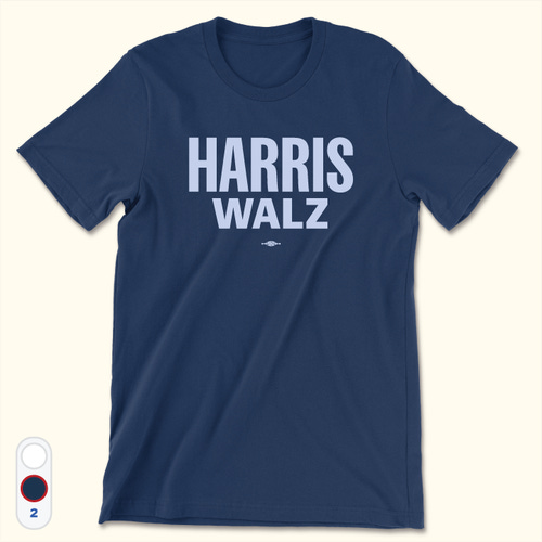 Navy unisex tee that reads Harris Walz in light blue ink