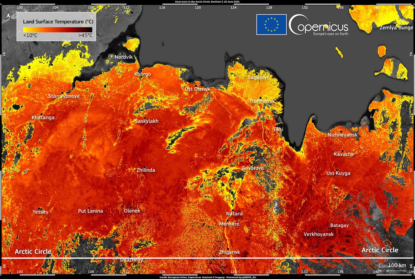 Colorized Copernicus sattelite image showing extreme Arctic Siberia heat.