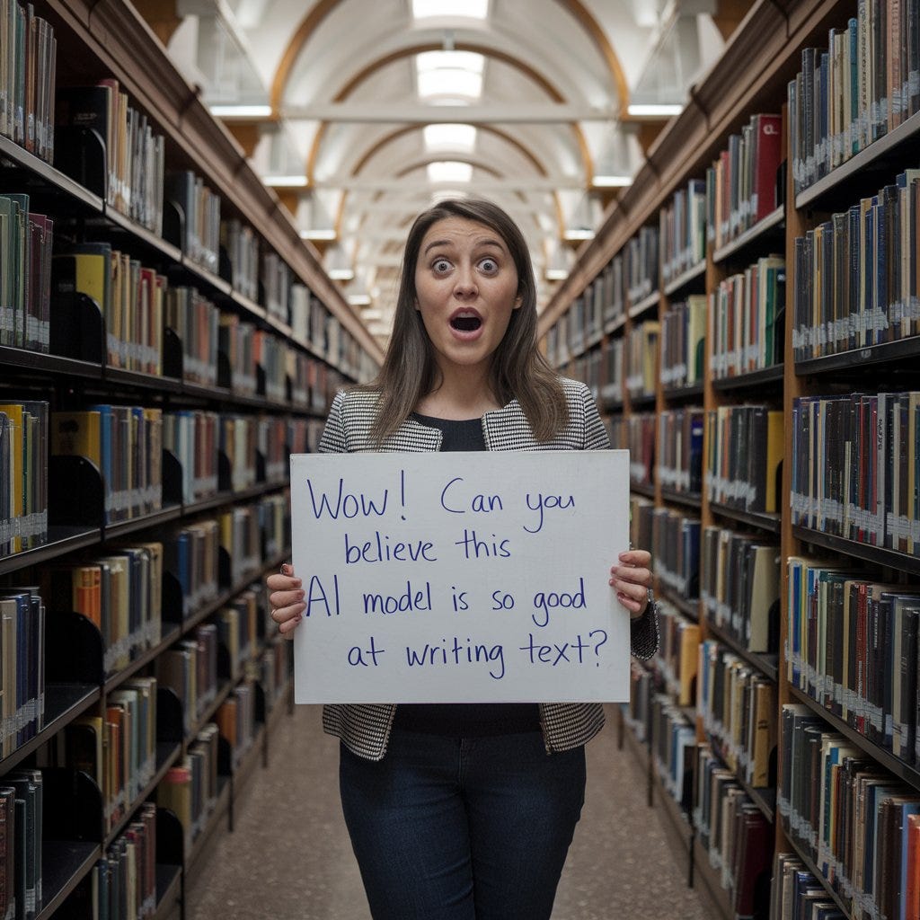 A woman with a shocked expression stands in the middle of a library. She's holding a sign that says "Wow! Can you believe this AI model is so good at writing text?” by Ideogram