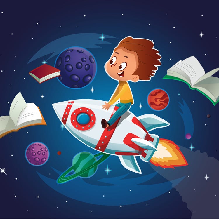 Boy riding rocket in outer space with books