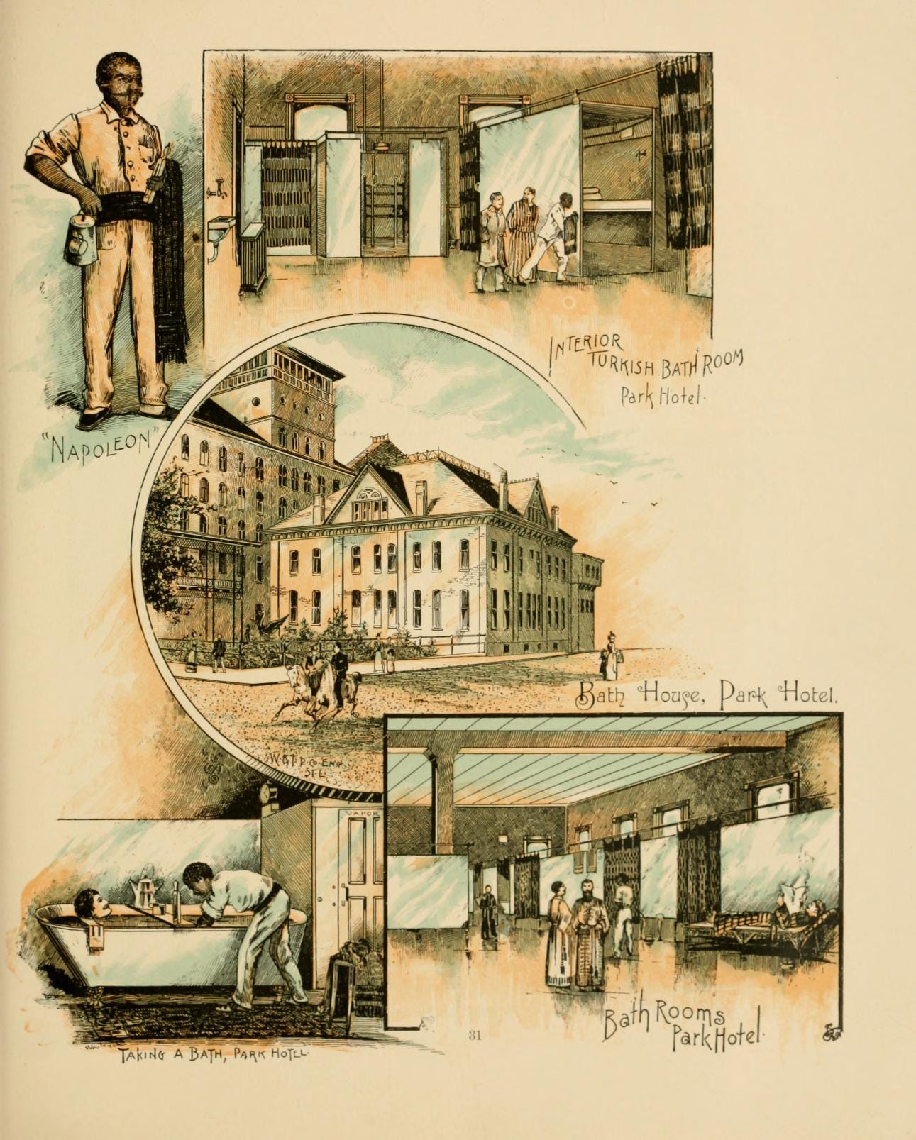 A composite illustration of different aspects of the Park Hotel and its bathhouse, showing views of the building, bath facilities and attendants.